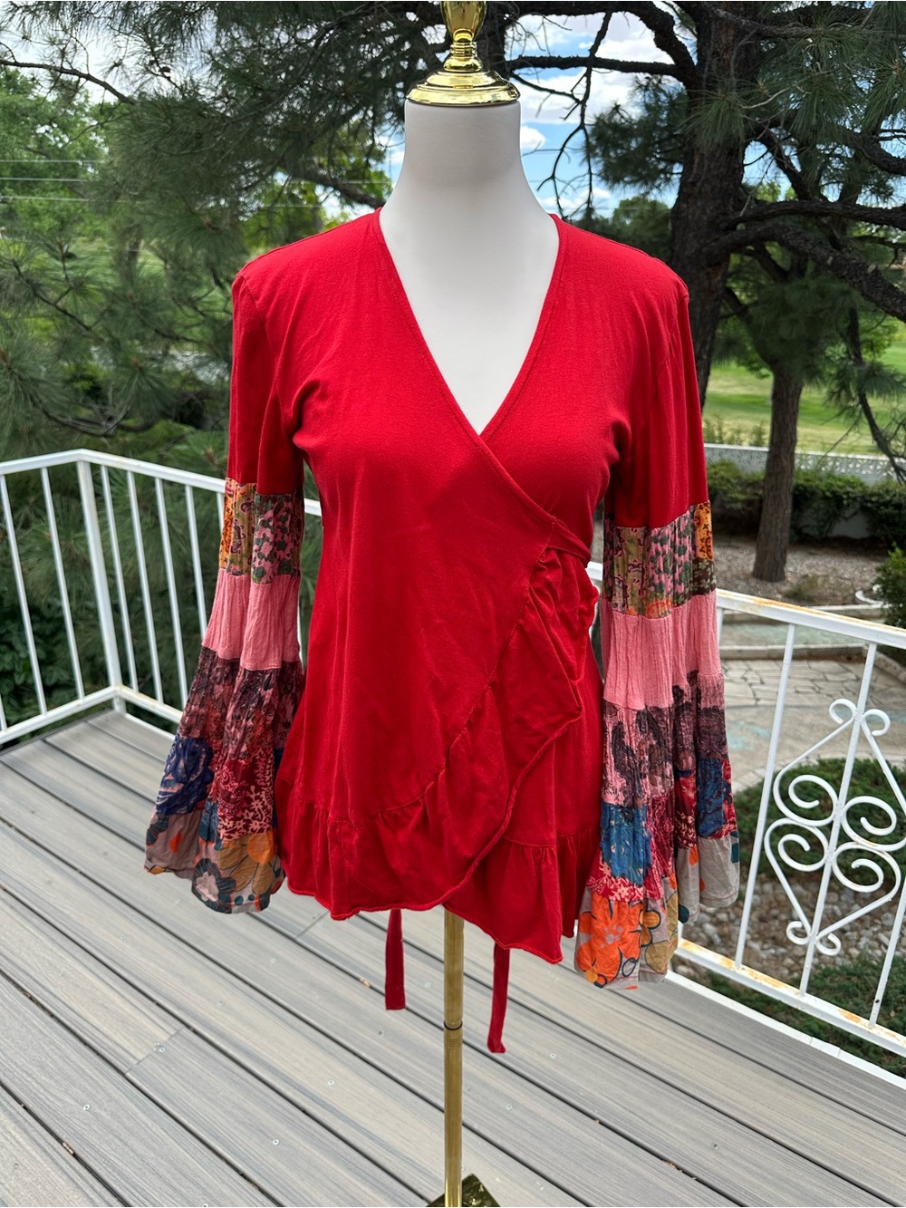 The Pyramid Collection Red Wrap Tunic with Multicolor Patchwork Bell Sleeves